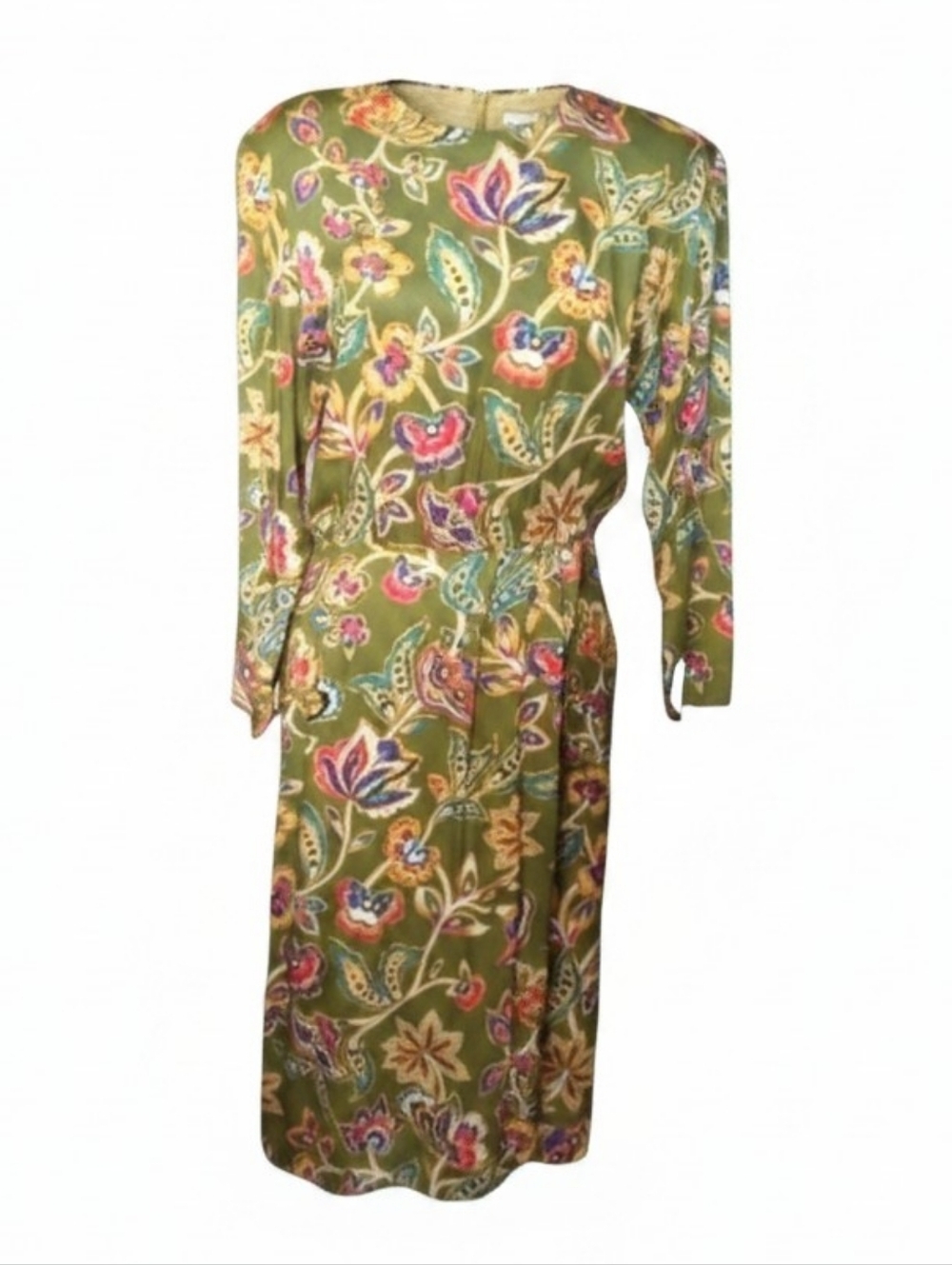 Vtg Cottagecore rayon long sleeve olive green Office Siren Floral dress Sz 6